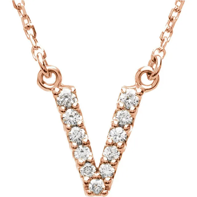 14k Gold 1/8 CTW Diamond Alphabet Initial Letter V Necklace