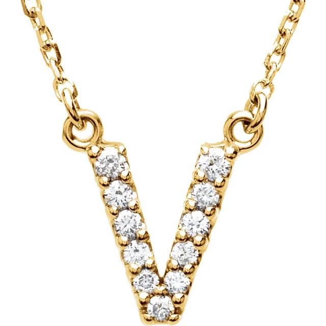 14k Gold 1/8 CTW Diamond Alphabet Initial Letter V Necklace