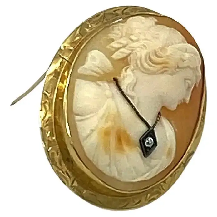 14K Gold Frame Cameo Clip On Baroque Pearl Necklace
