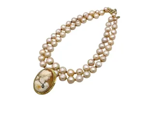 14K Gold Frame Cameo Clip On Baroque Pearl Necklace