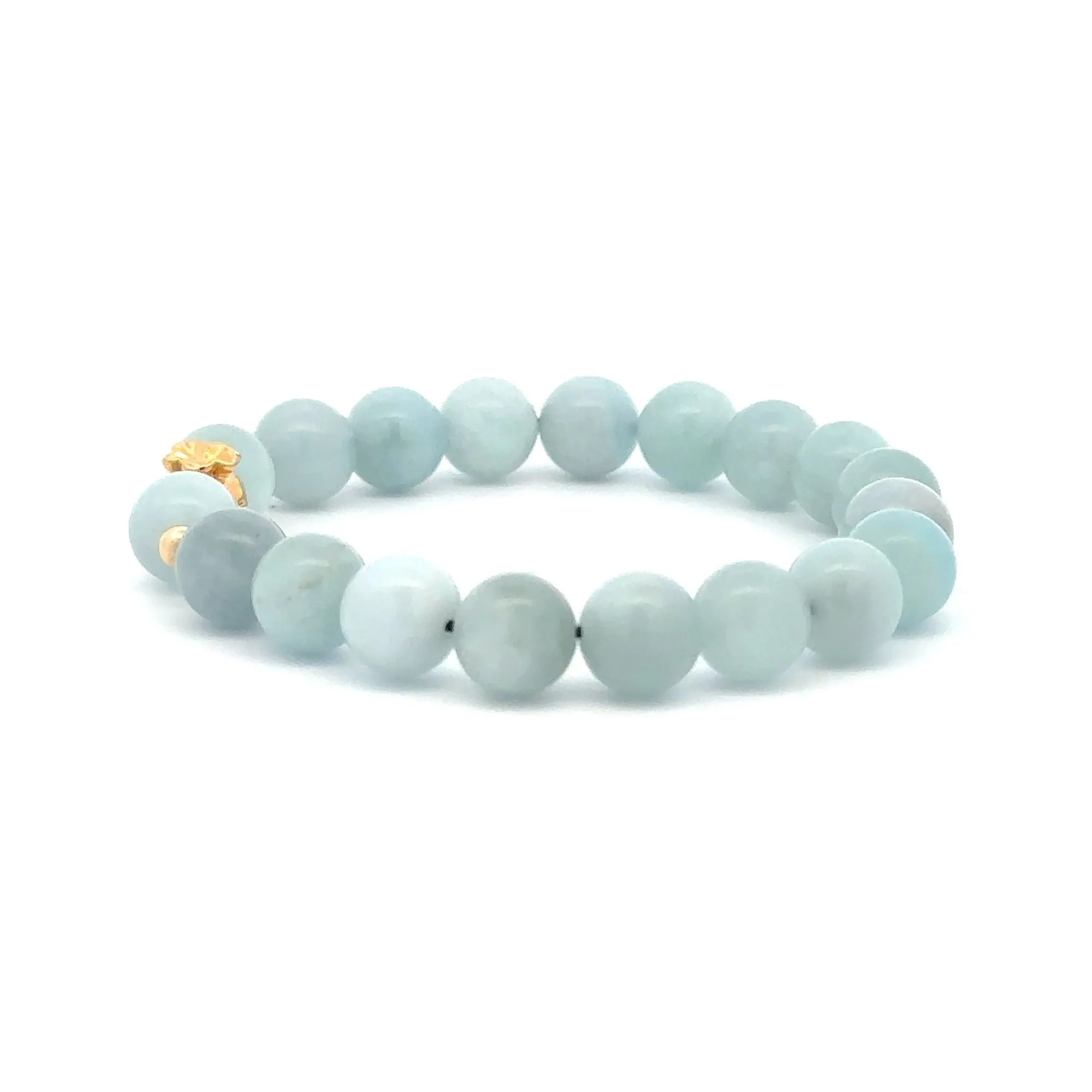 18K Gold Money Bag Lucky Charm Beads Bracelet Gemstones Aquamarine 8mm