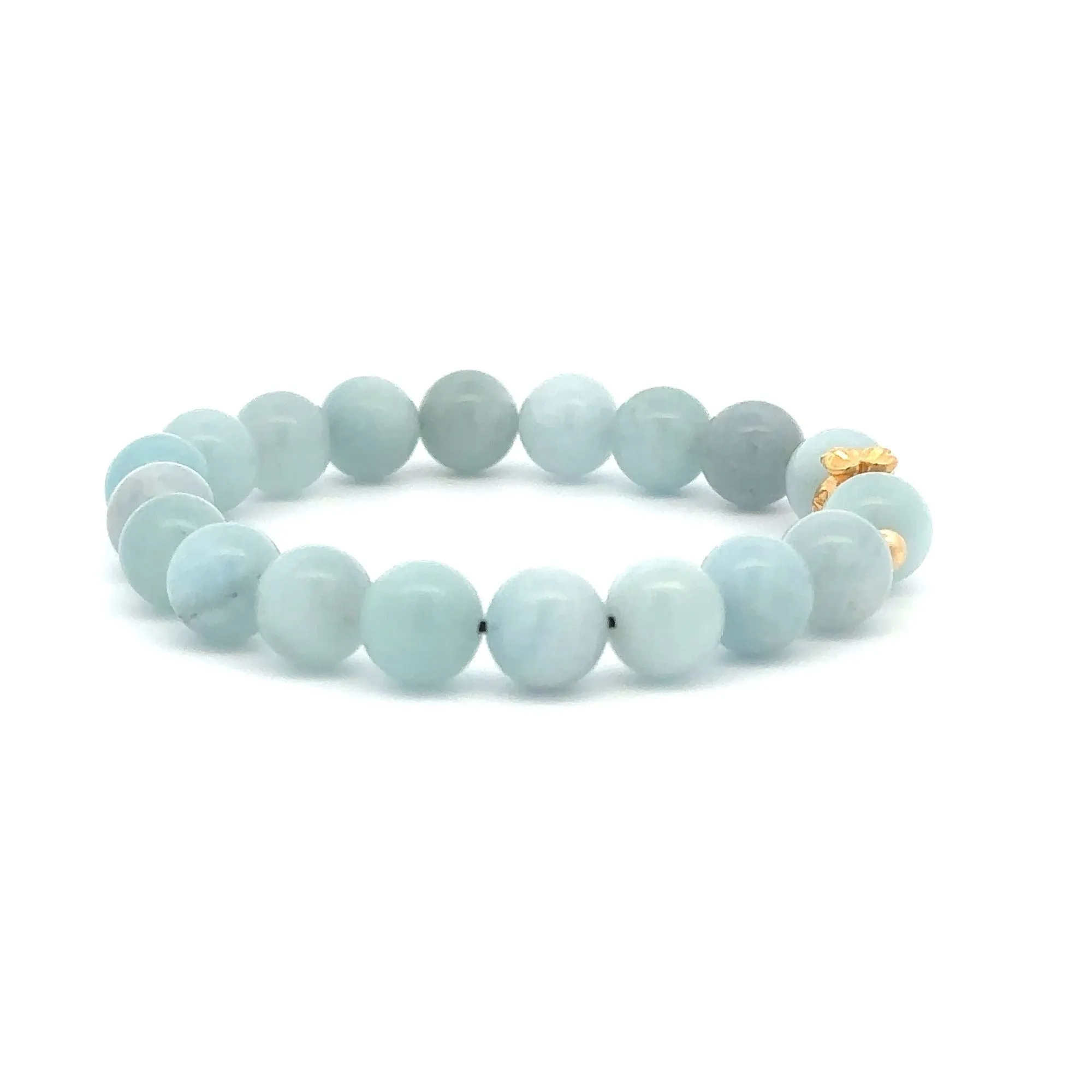 18K Gold Money Bag Lucky Charm Beads Bracelet Gemstones Aquamarine 8mm