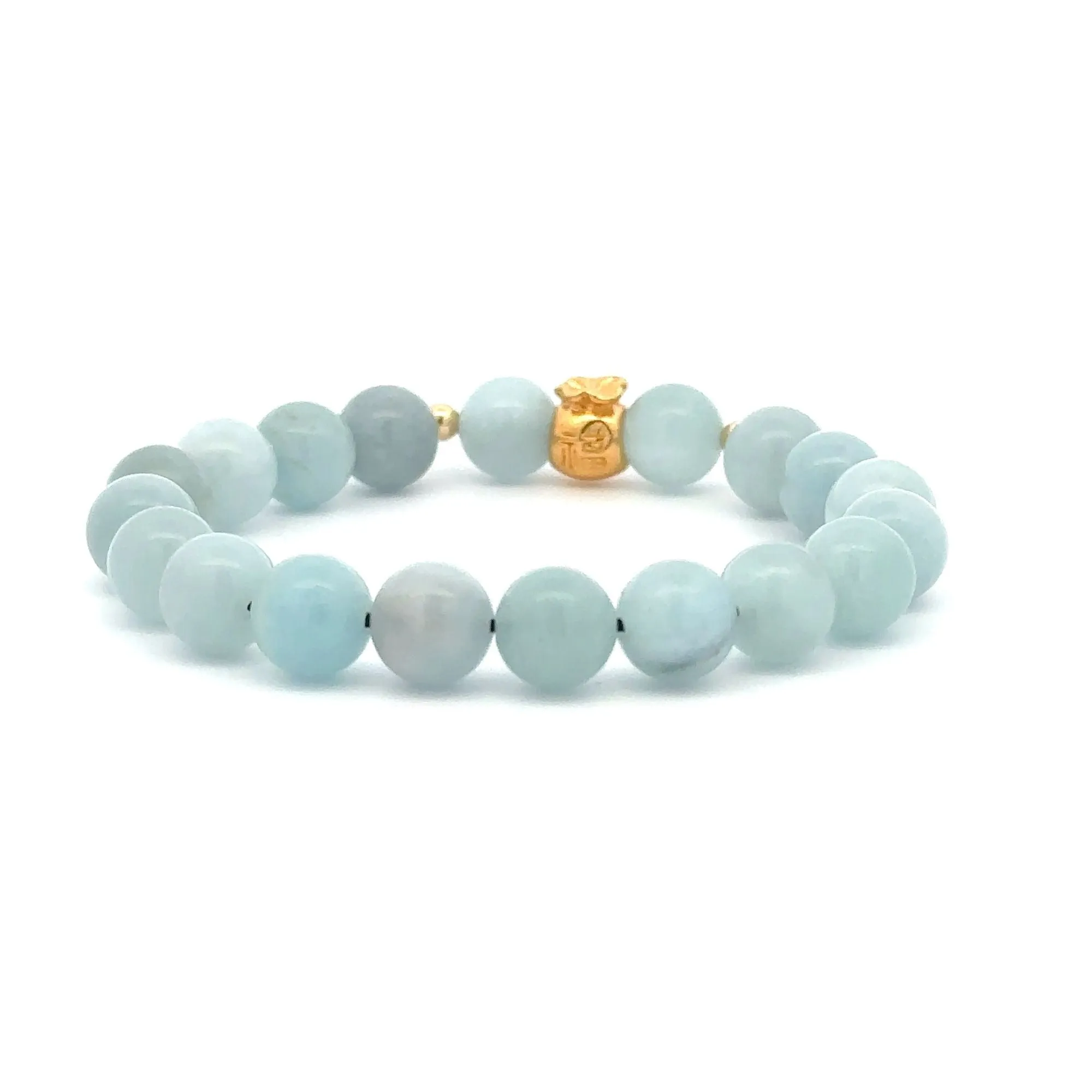 18K Gold Money Bag Lucky Charm Beads Bracelet Gemstones Aquamarine 8mm