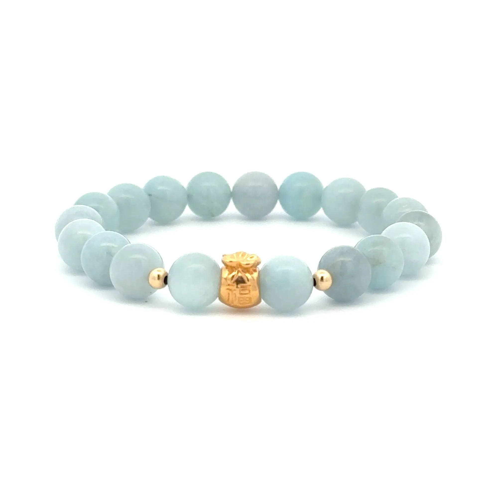 18K Gold Money Bag Lucky Charm Beads Bracelet Gemstones Aquamarine 8mm