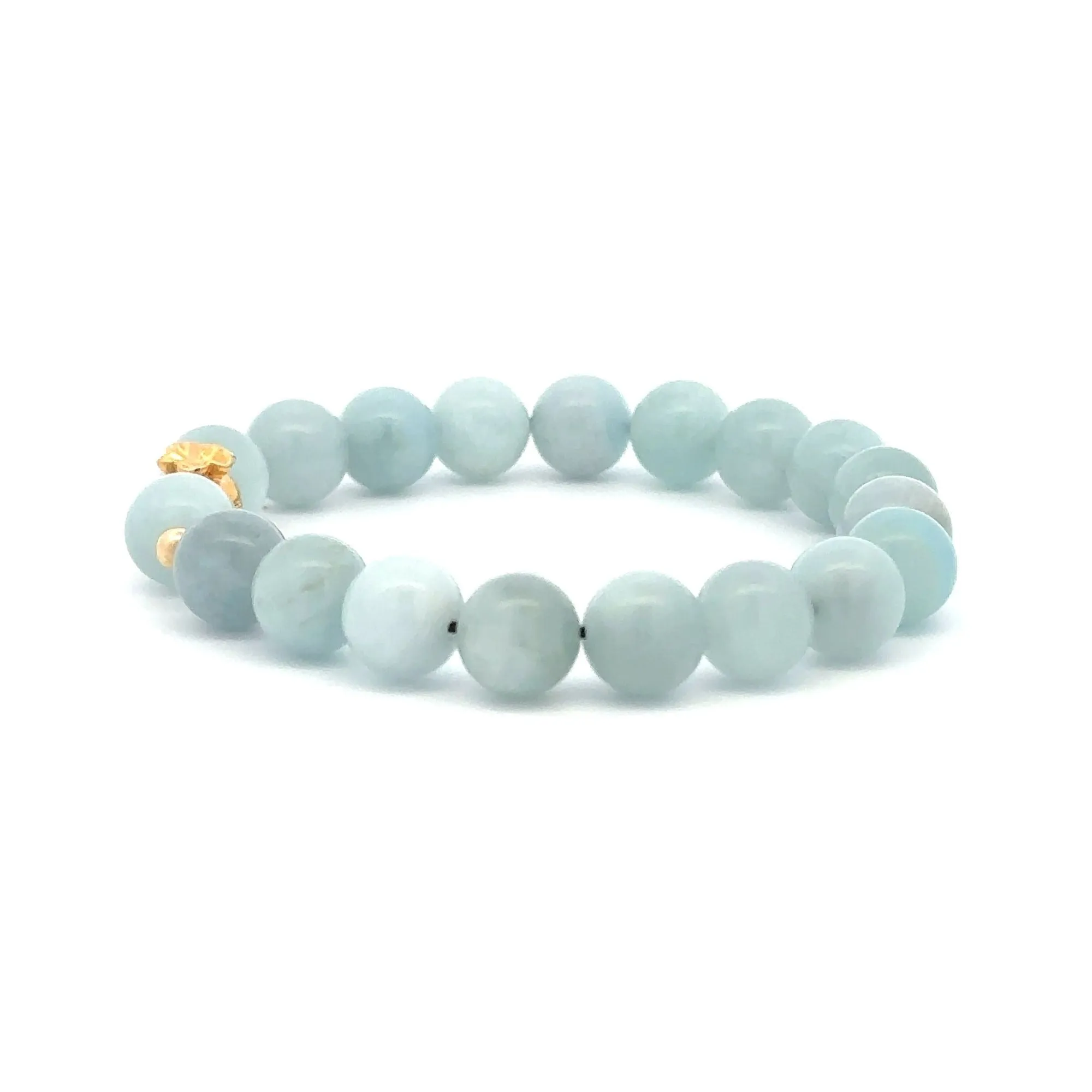 18K Gold Money Bag Lucky Charm Beads Bracelet Gemstones Aquamarine 8mm