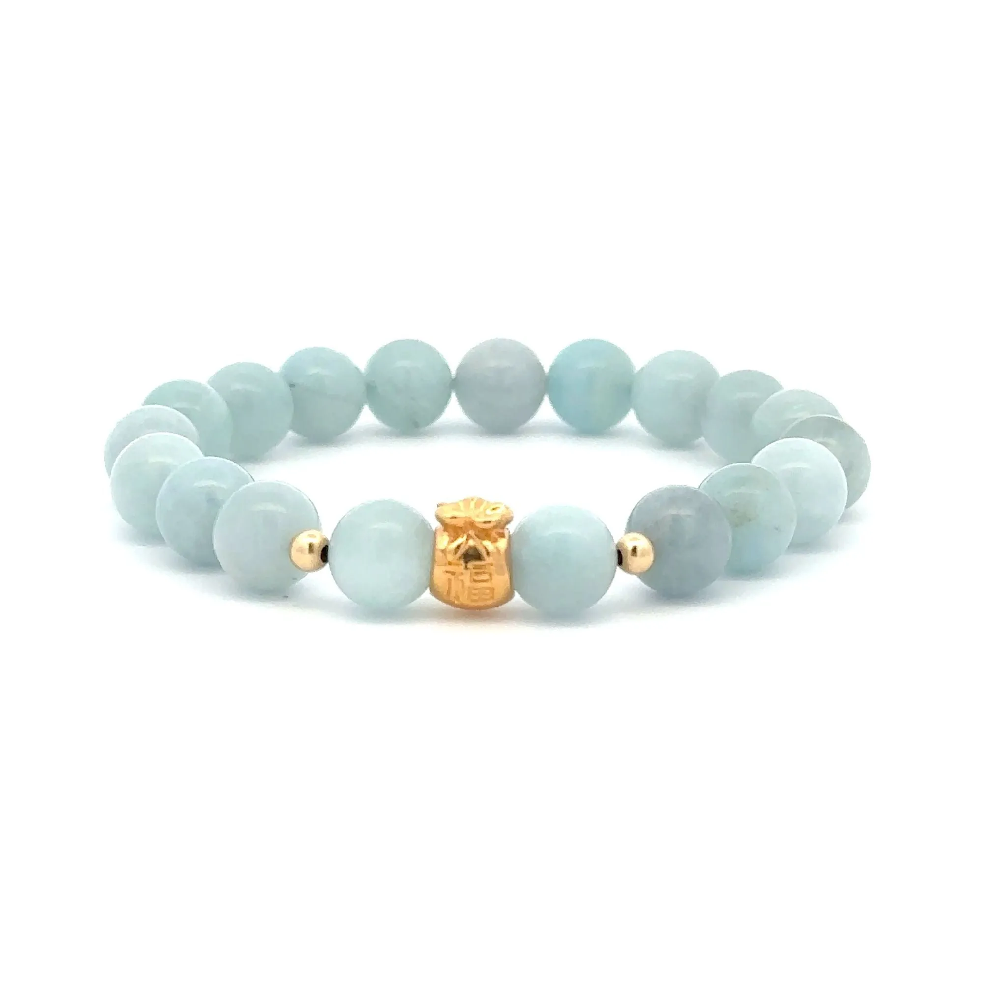 18K Gold Money Bag Lucky Charm Beads Bracelet Gemstones Aquamarine 8mm