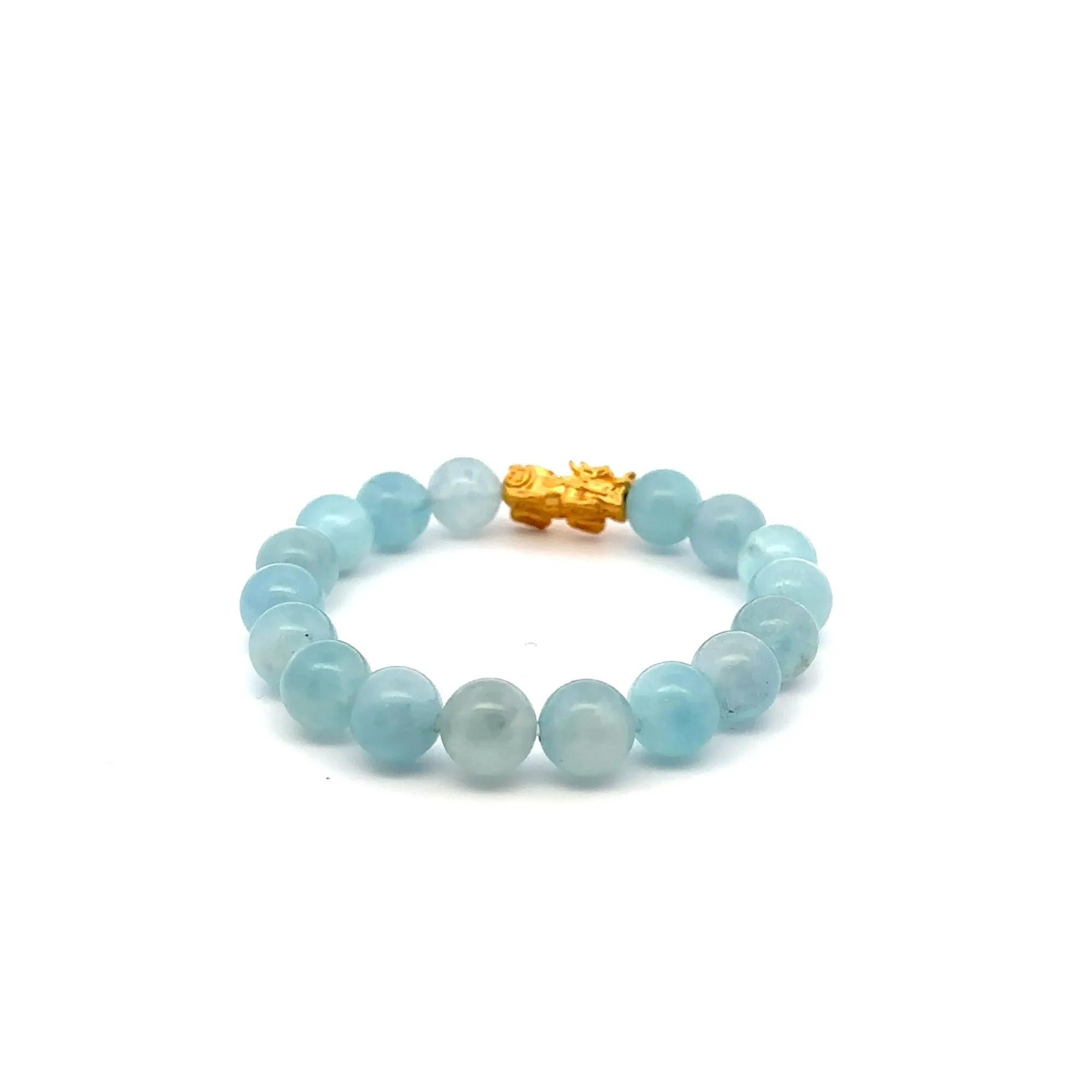 24K Gold Piyao Pixiu Lucky Charm Bracelet Aquamarine 10mm Size 6 inches