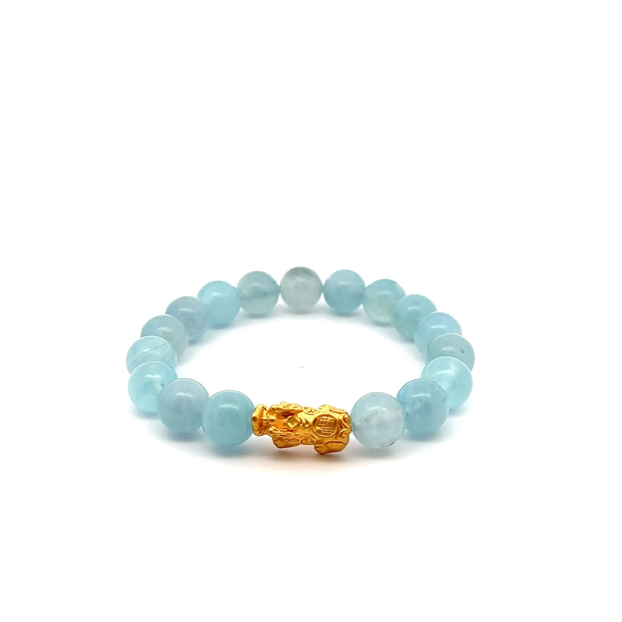 24K Gold Piyao Pixiu Lucky Charm Bracelet Aquamarine 10mm Size 6 inches