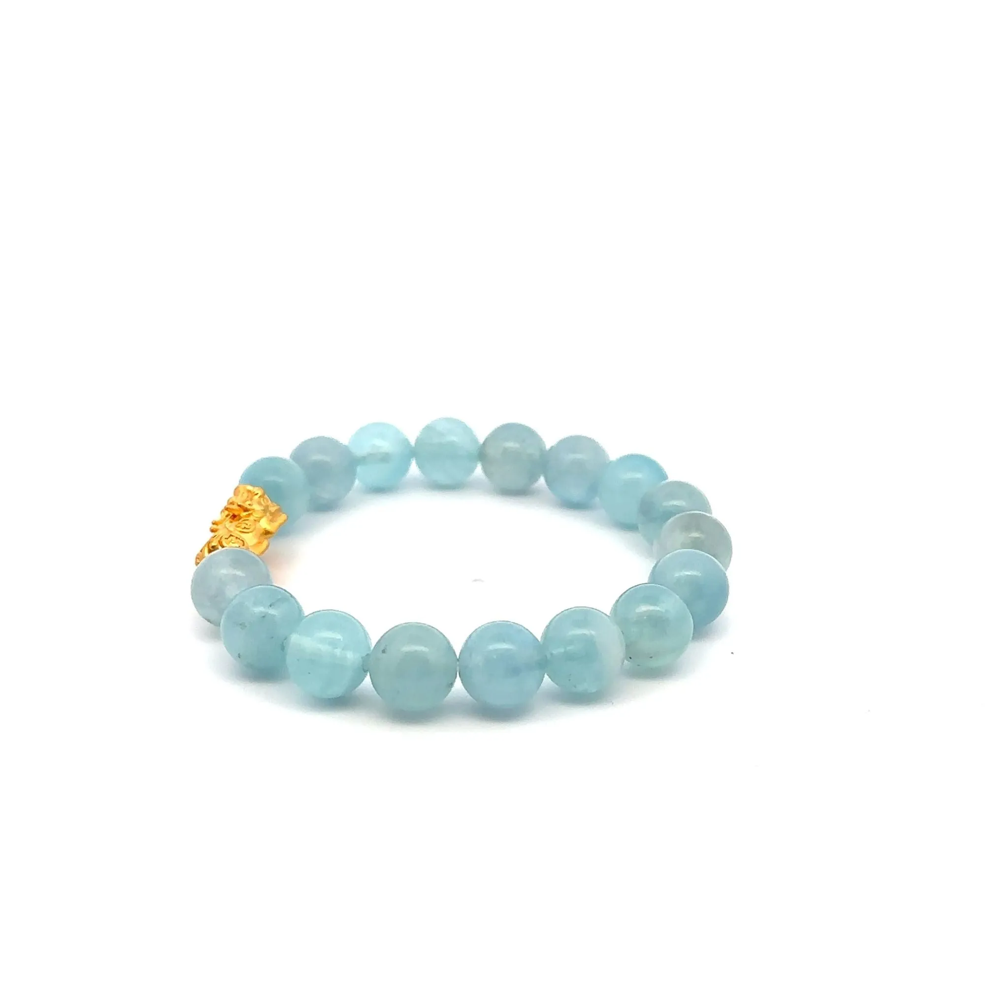 24K Gold Piyao Pixiu Lucky Charm Bracelet Aquamarine 10mm Size 6 inches