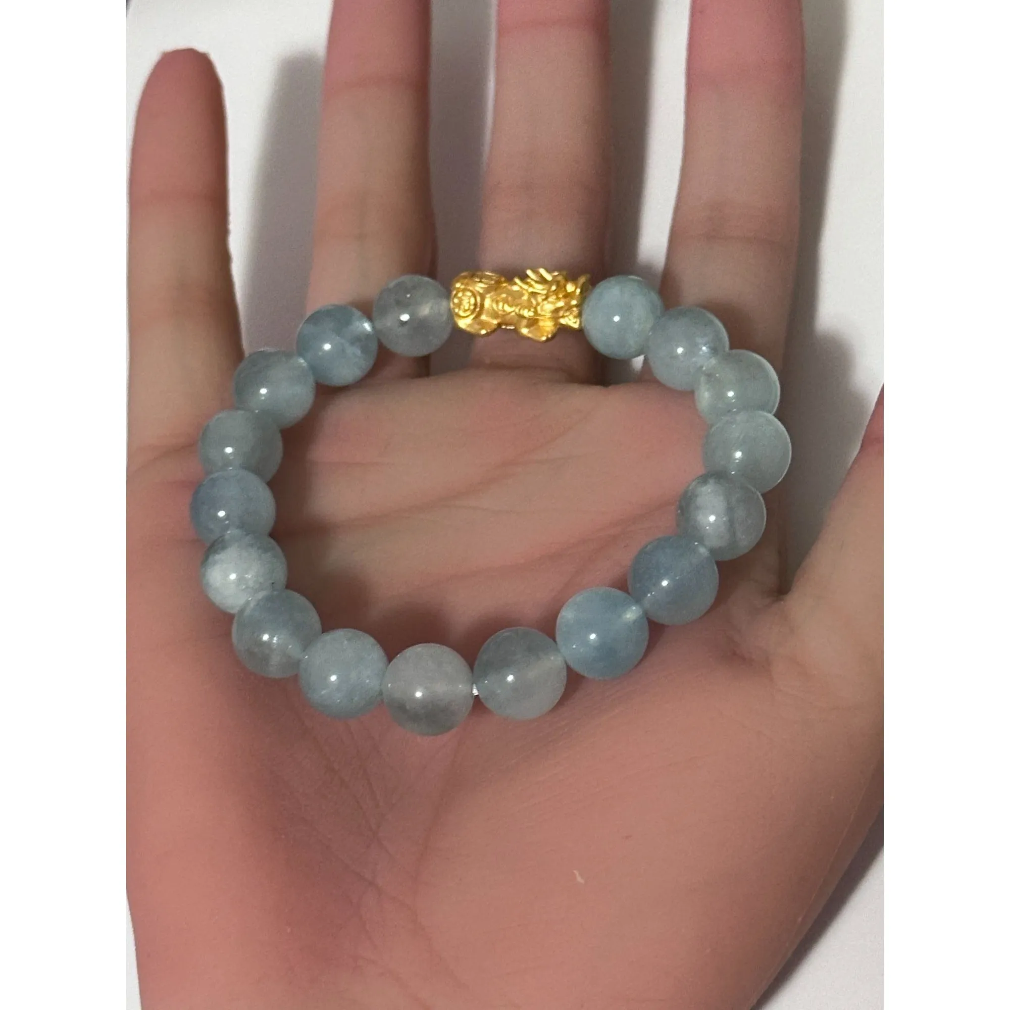 24K Gold Piyao Pixiu Lucky Charm Bracelet Aquamarine 10mm Size 6 inches