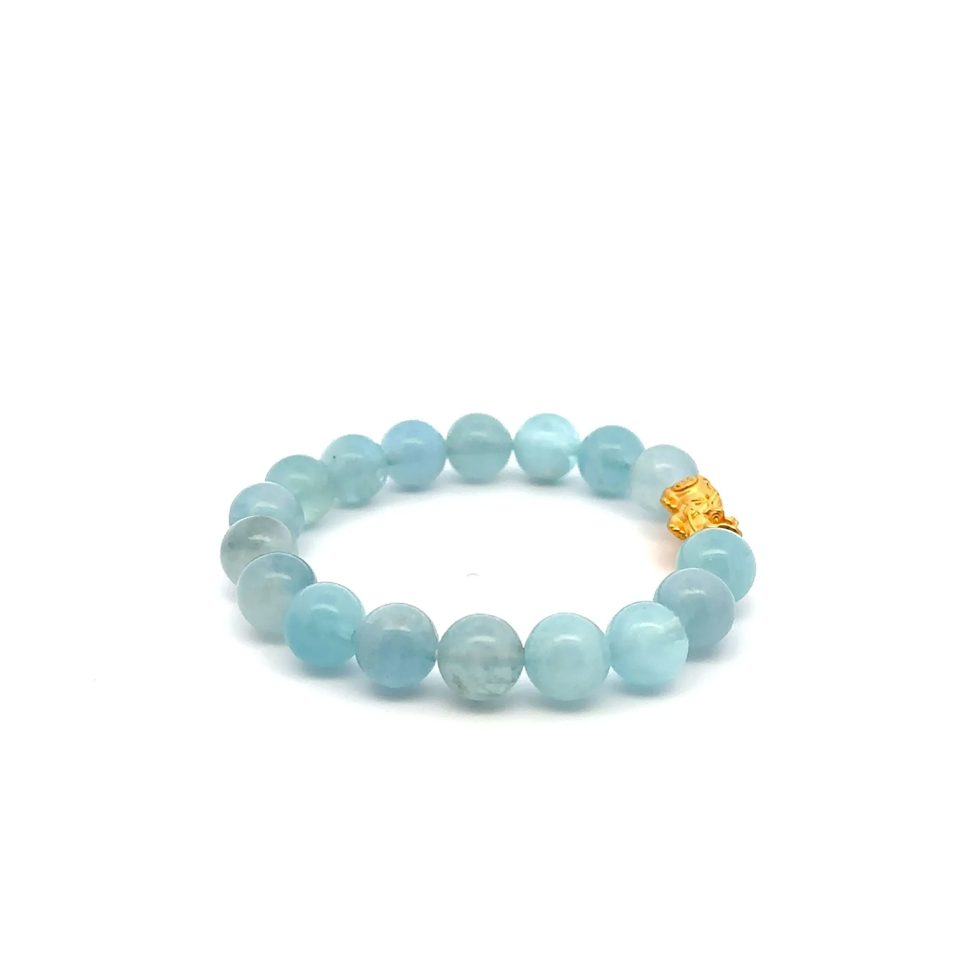 24K Gold Piyao Pixiu Lucky Charm Bracelet Aquamarine 10mm Size 6 inches