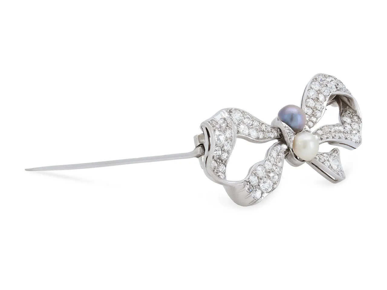 Antique Edwardian Diamond and Natural Pearl Bow Brooch in Platinum