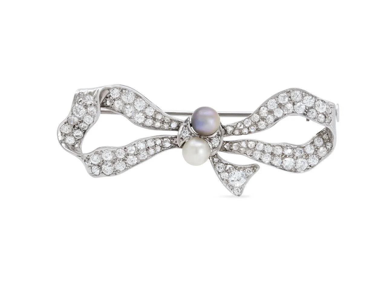 Antique Edwardian Diamond and Natural Pearl Bow Brooch in Platinum