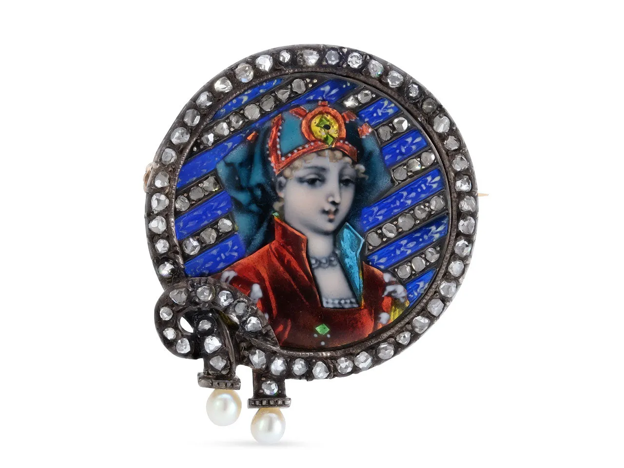 Antique Victorian Diamond and Limoges Enamel Portrait Brooch