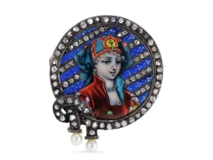 Antique Victorian Diamond and Limoges Enamel Portrait Brooch