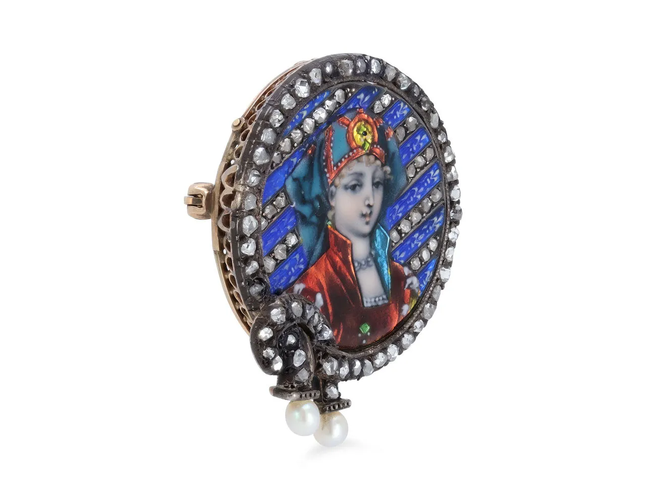 Antique Victorian Diamond and Limoges Enamel Portrait Brooch