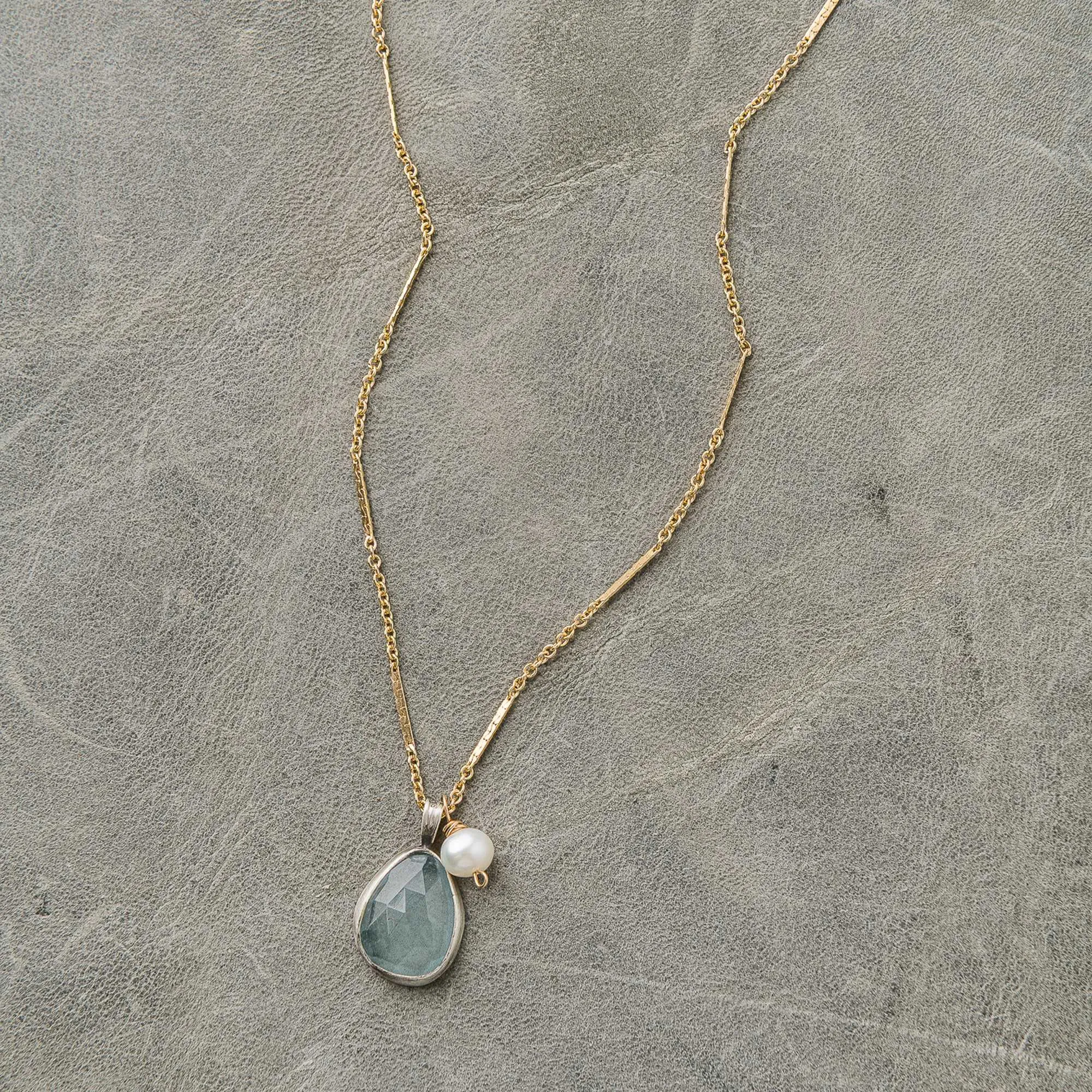 Aquamarine Drop Necklace with Freshwater Pearl