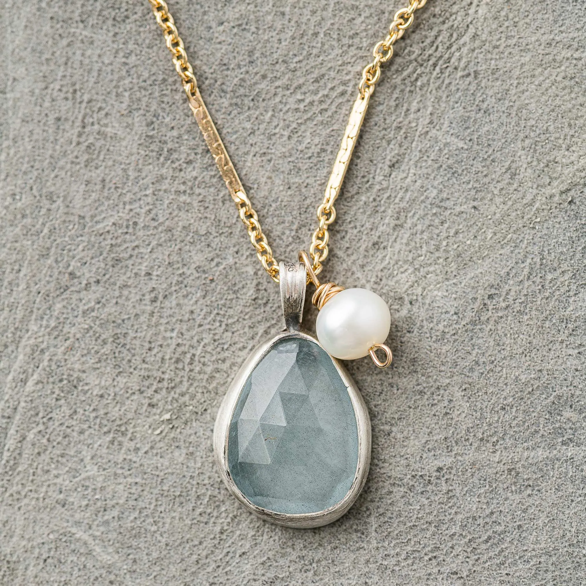 Aquamarine Drop Necklace with Freshwater Pearl