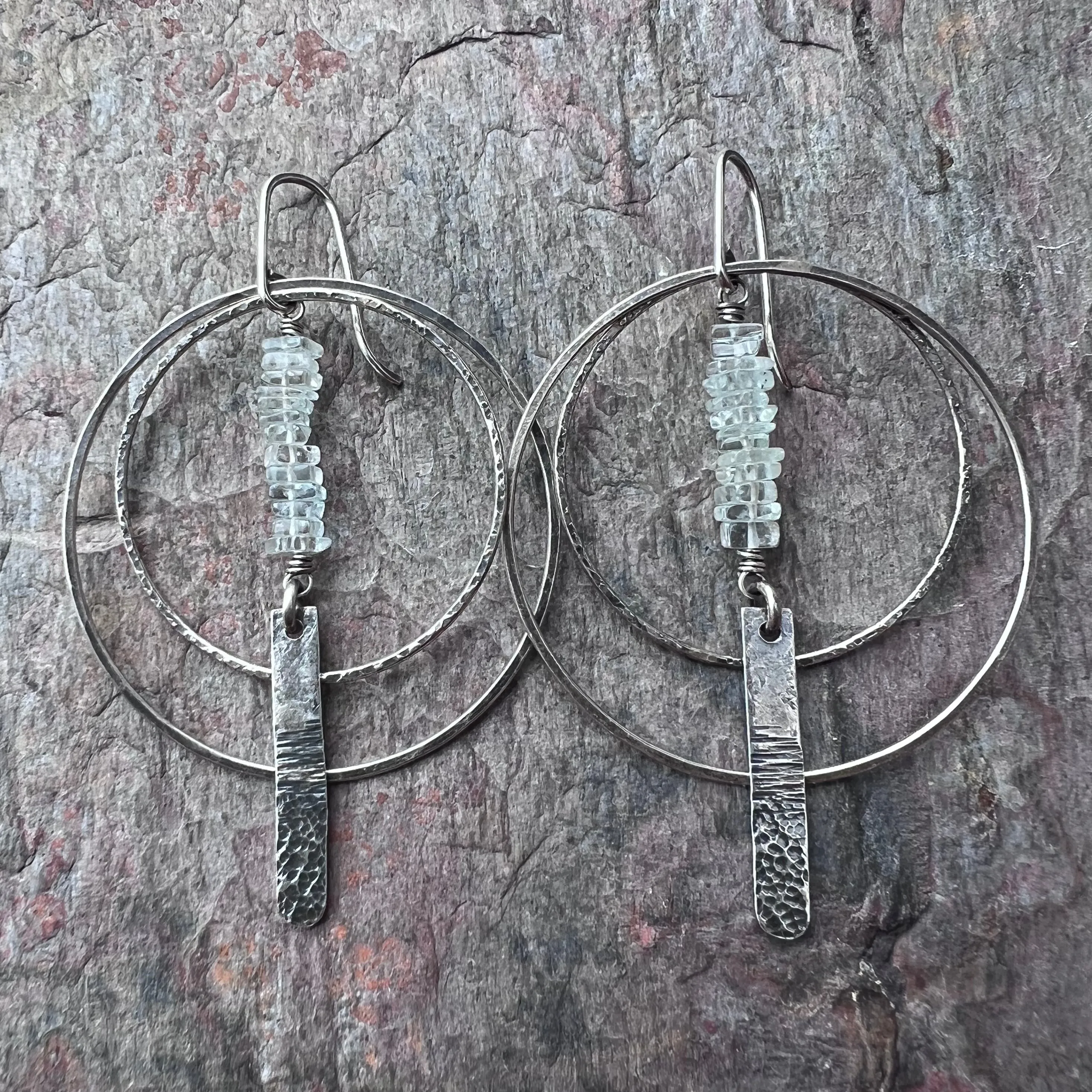 Aquamarine Sterling Silver Earrings - Genuine Aquamarine and Hammered Bars in Sterling Silver Hoop Earrings