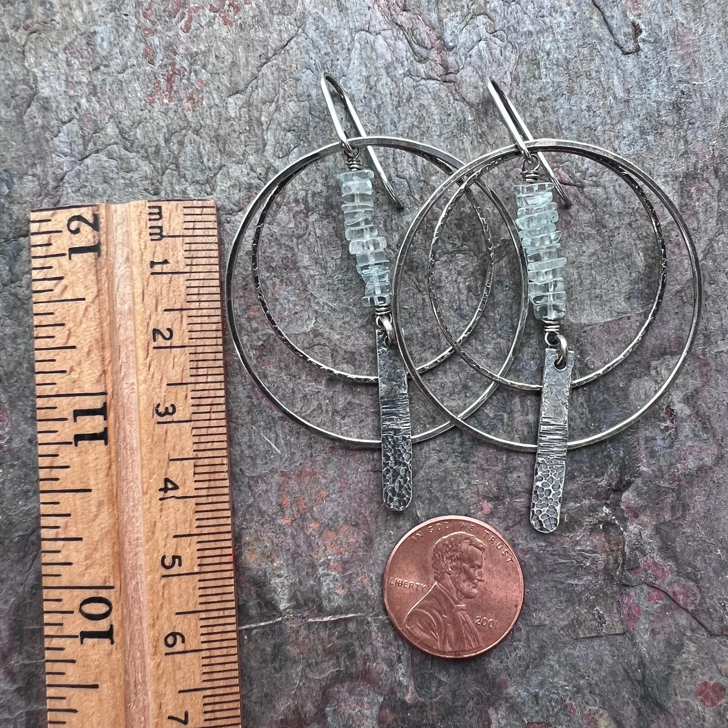 Aquamarine Sterling Silver Earrings - Genuine Aquamarine and Hammered Bars in Sterling Silver Hoop Earrings