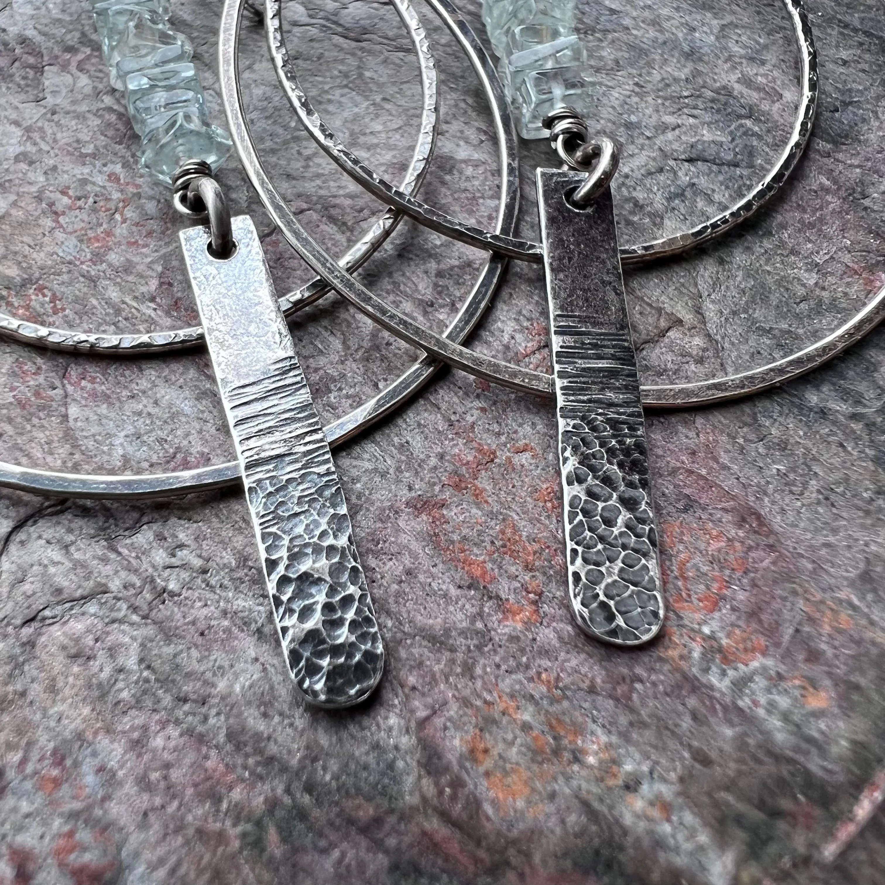 Aquamarine Sterling Silver Earrings - Genuine Aquamarine and Hammered Bars in Sterling Silver Hoop Earrings