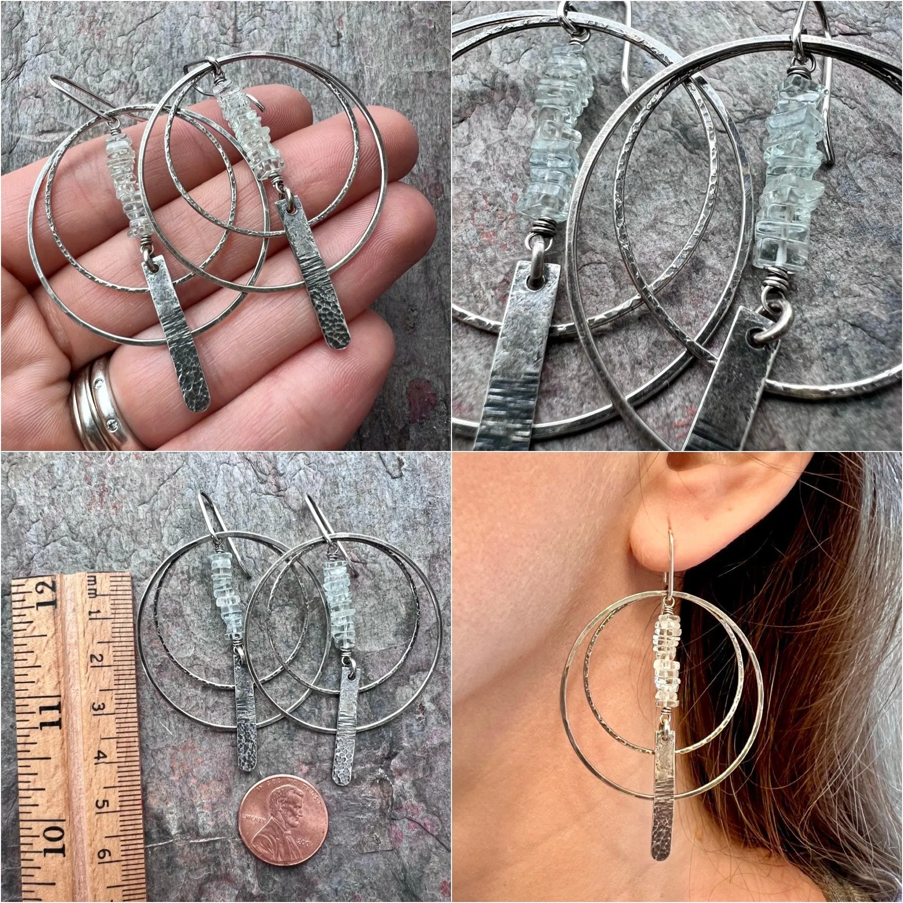 Aquamarine Sterling Silver Earrings - Genuine Aquamarine and Hammered Bars in Sterling Silver Hoop Earrings