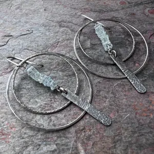 Aquamarine Sterling Silver Earrings - Genuine Aquamarine and Hammered Bars in Sterling Silver Hoop Earrings