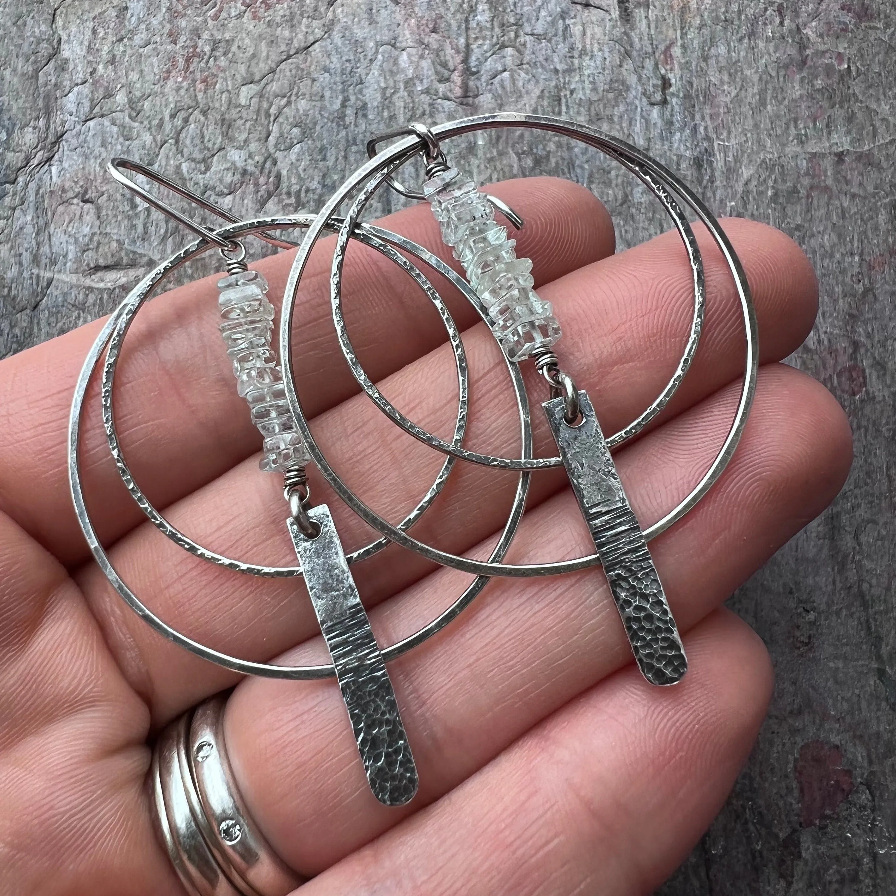 Aquamarine Sterling Silver Earrings - Genuine Aquamarine and Hammered Bars in Sterling Silver Hoop Earrings
