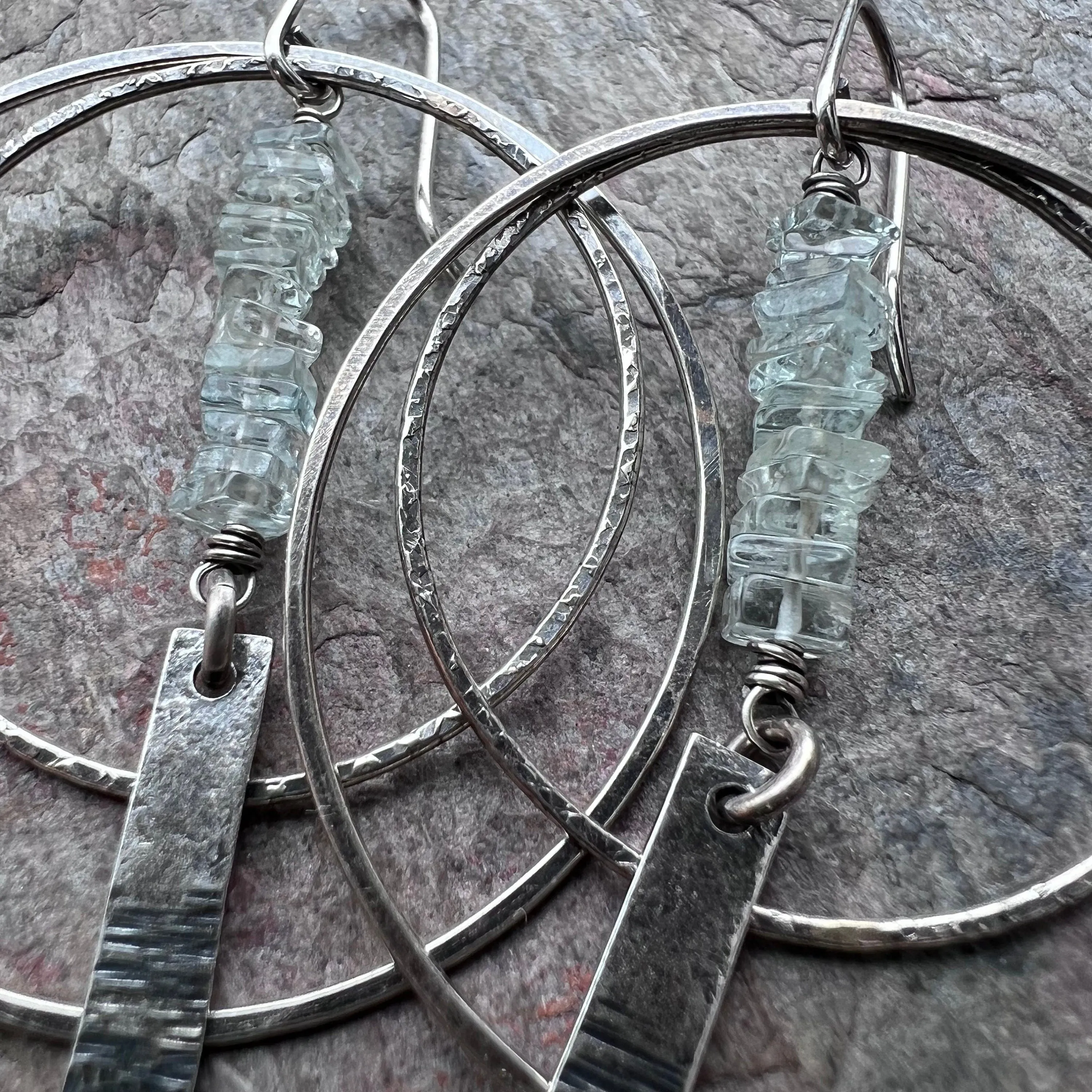 Aquamarine Sterling Silver Earrings - Genuine Aquamarine and Hammered Bars in Sterling Silver Hoop Earrings