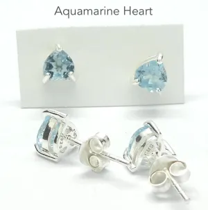 Aquamarine Stud Earrings, Faceted Hearts, 925 Sterling Silver