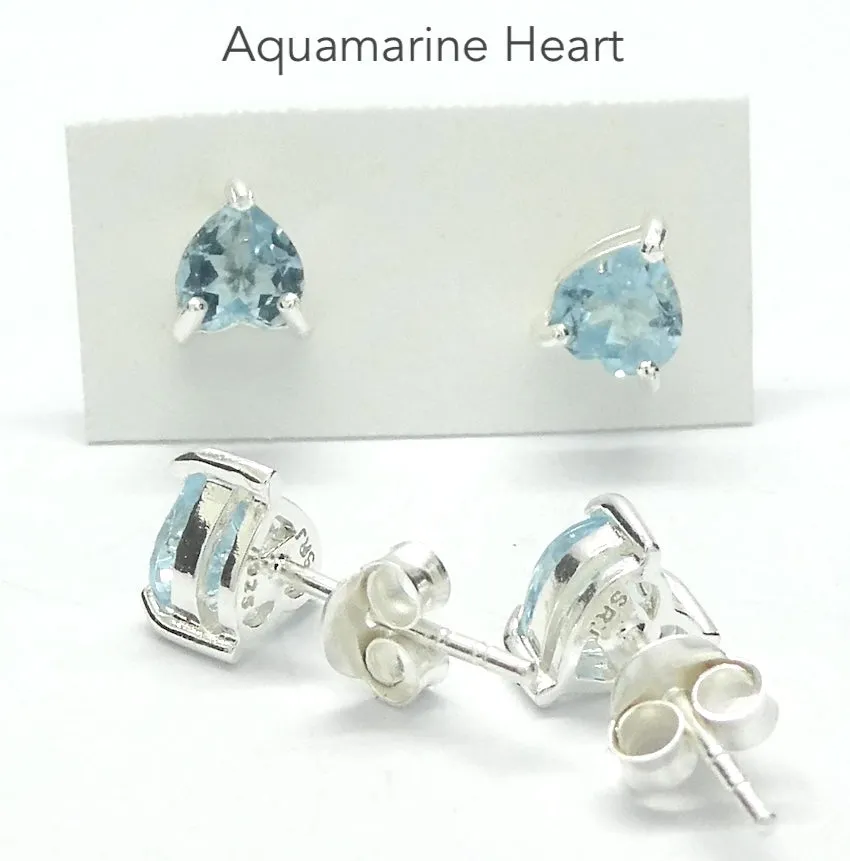 Aquamarine Stud Earrings, Faceted Hearts, 925 Sterling Silver