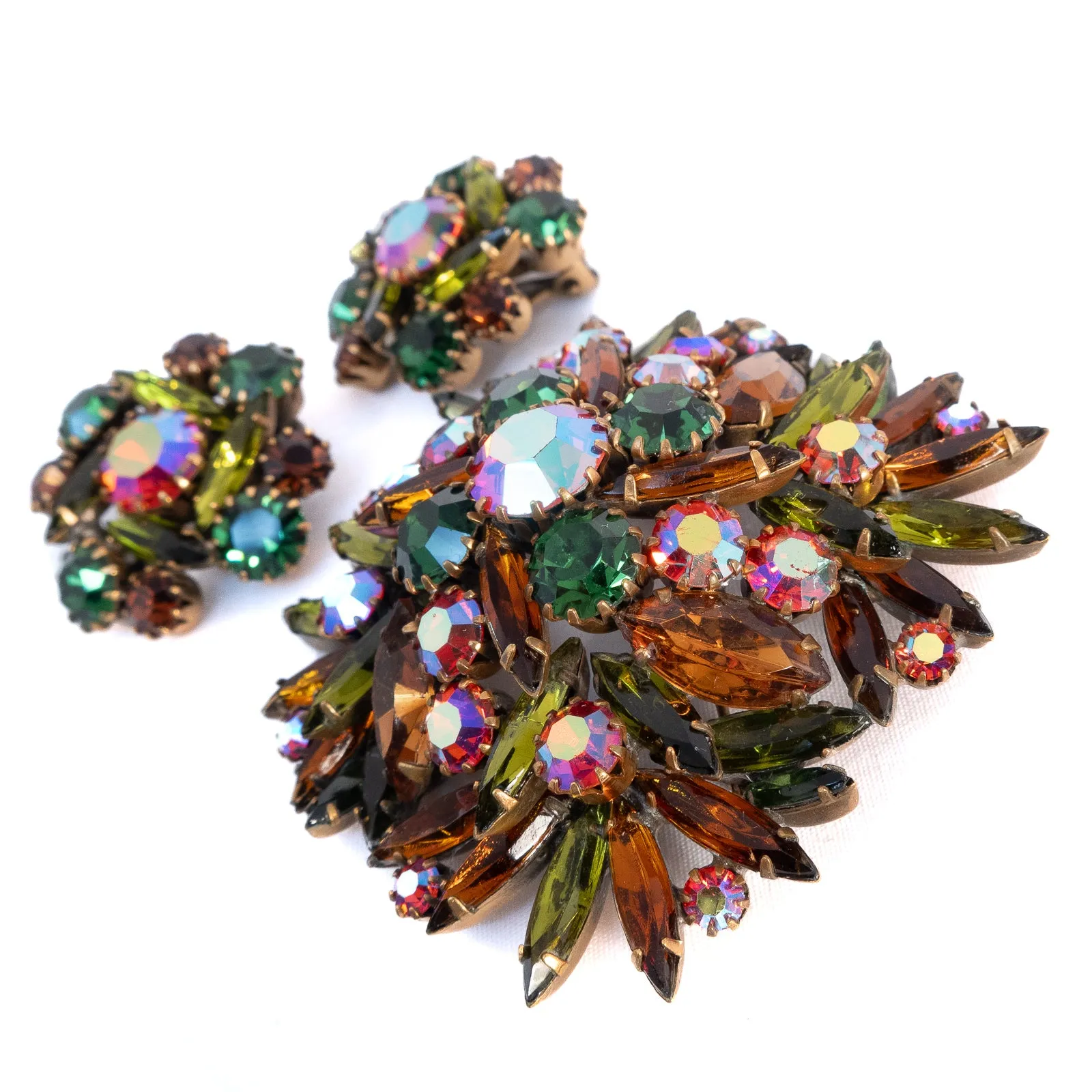 Aurora Borealis Green Brown Rhinestone Brooch and Earring Set