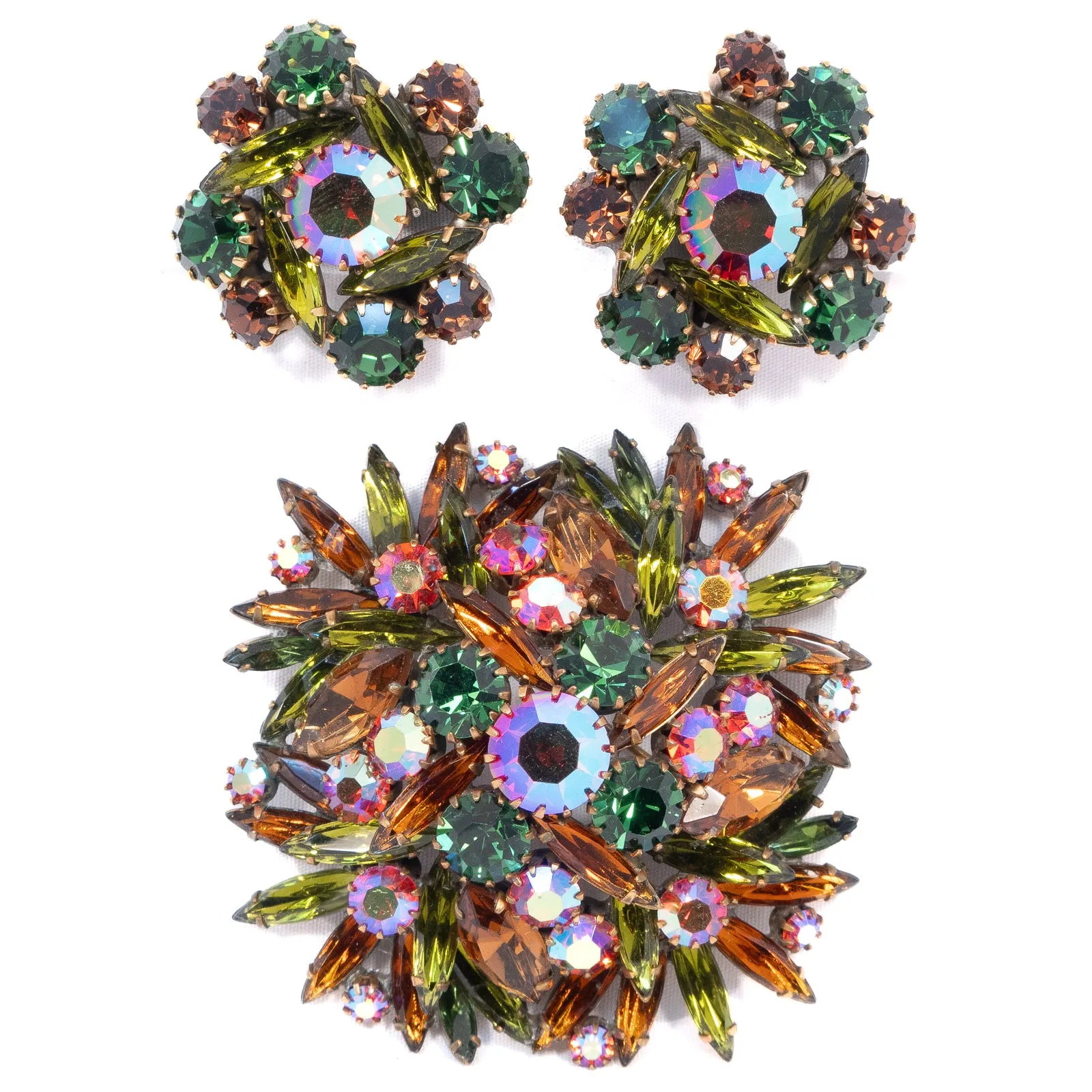 Aurora Borealis Green Brown Rhinestone Brooch and Earring Set