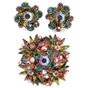 Aurora Borealis Green Brown Rhinestone Brooch and Earring Set