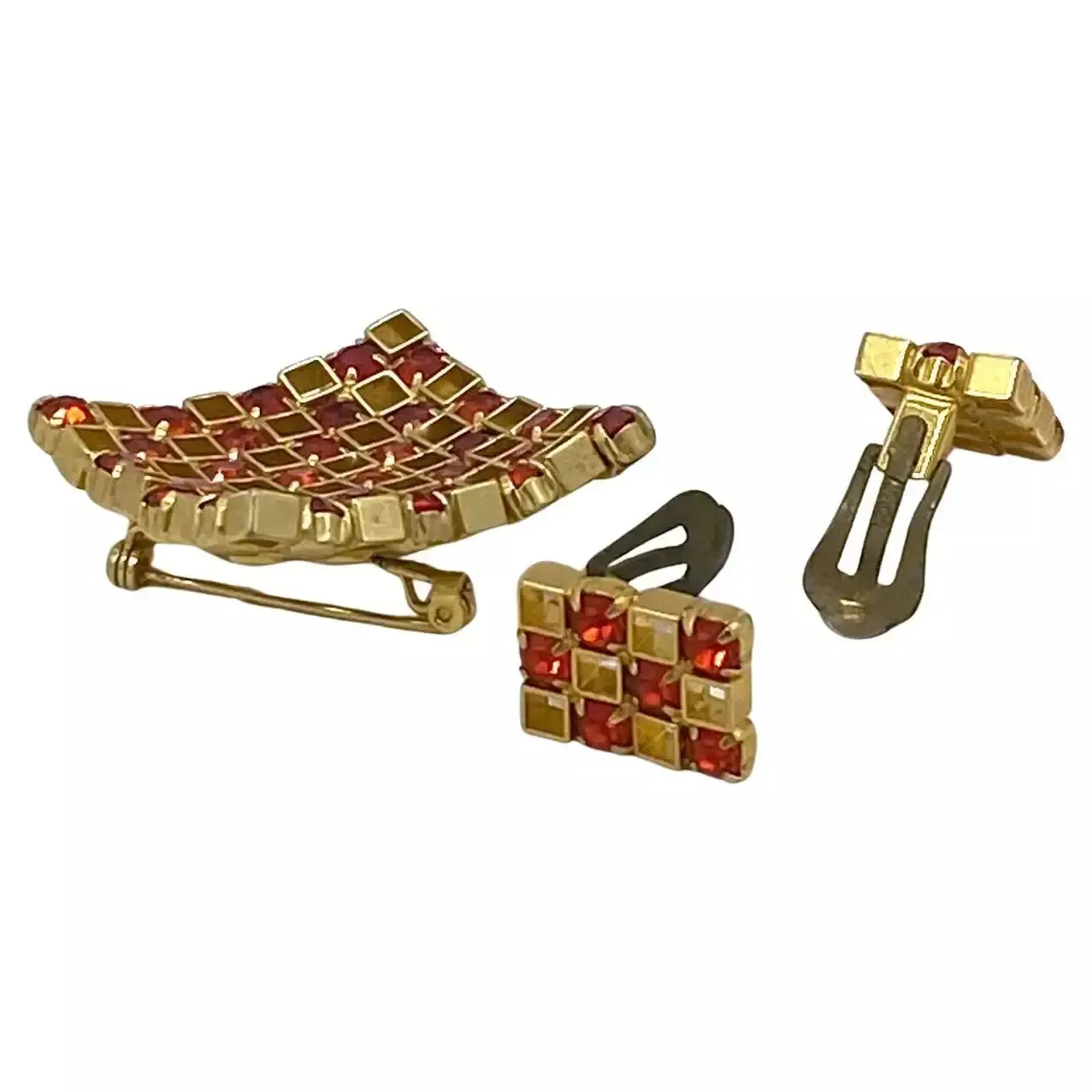 Austria Orange Crystal Brooch & Earrings Set