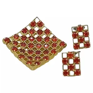 Austria Orange Crystal Brooch & Earrings Set