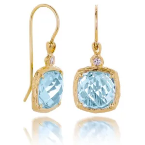 Color Collection 14KT Yellow Gold Blue Topaz & Diamond Cushion Cut Earrings