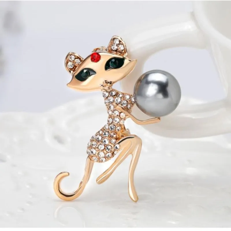 Cute Cat Brooch Rhinestone and Simulated Pearl Cat Lady Jewelry