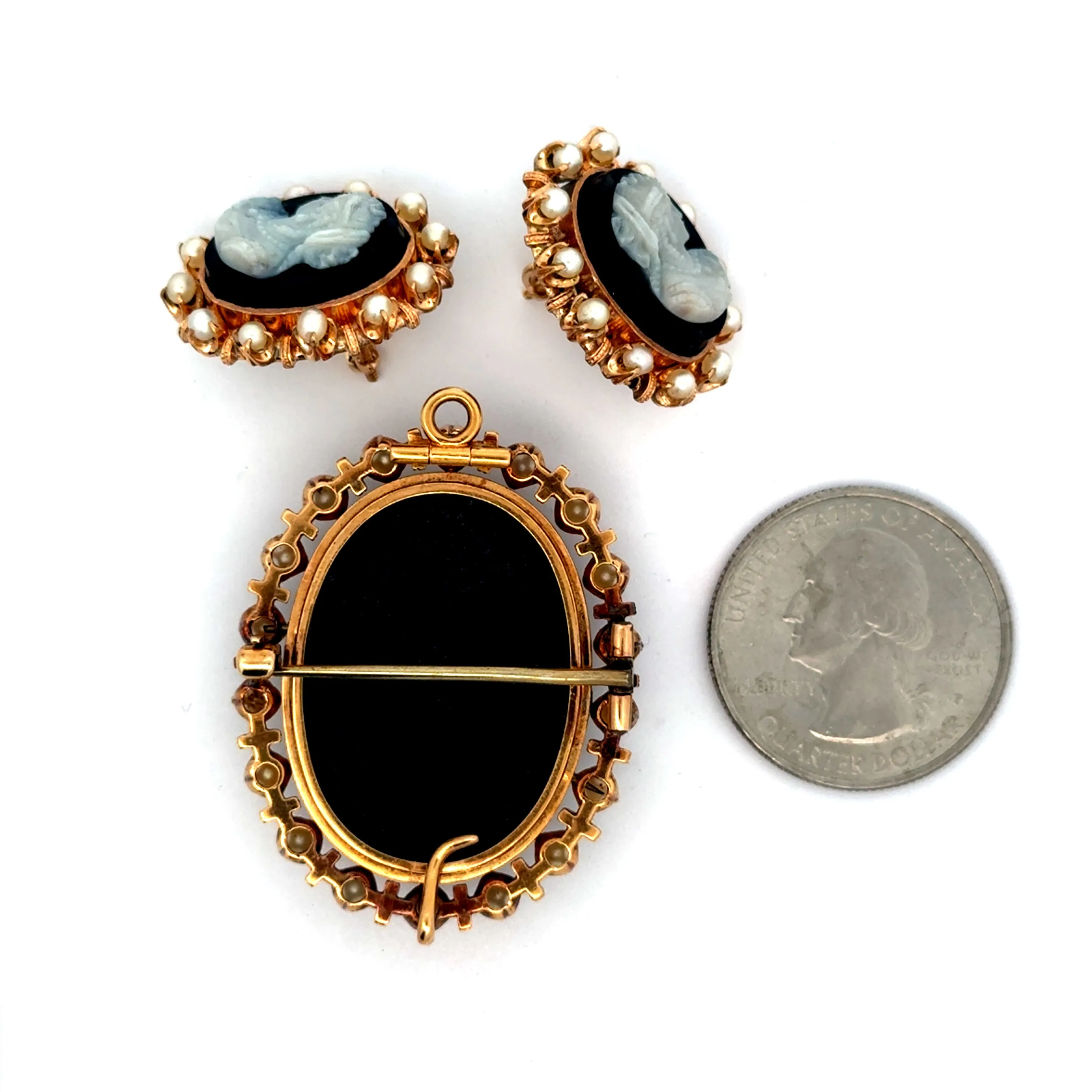 Estate Cultured Pearl Cameo 18K Yellow Gold Earrings Brooch Suite 15625