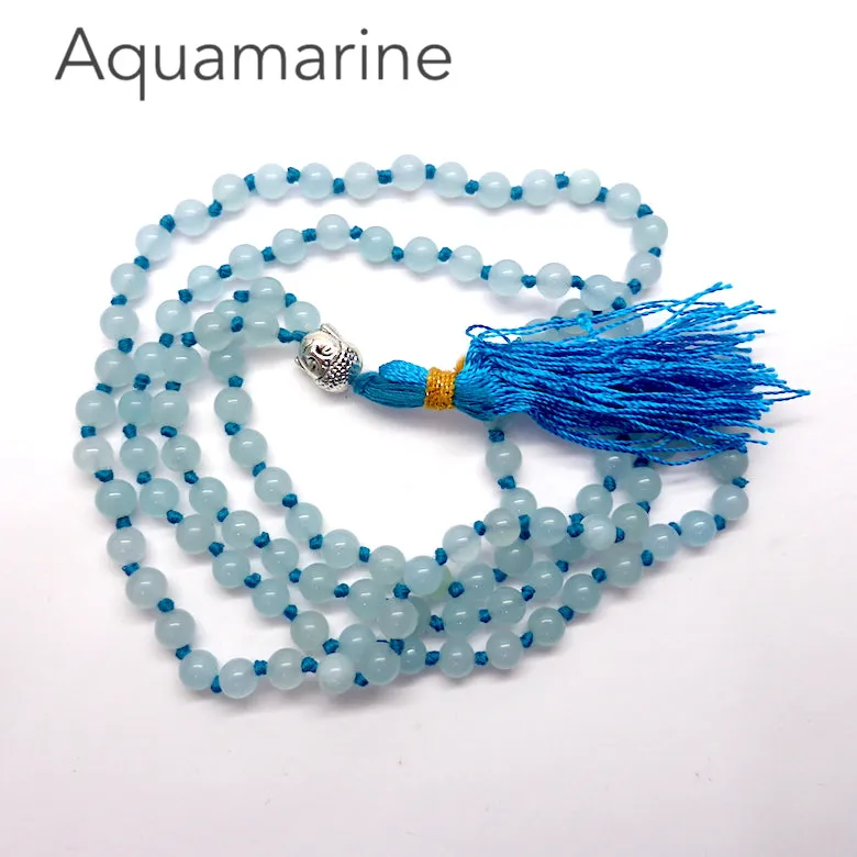 Mala Necklace with Aquamarine Beads