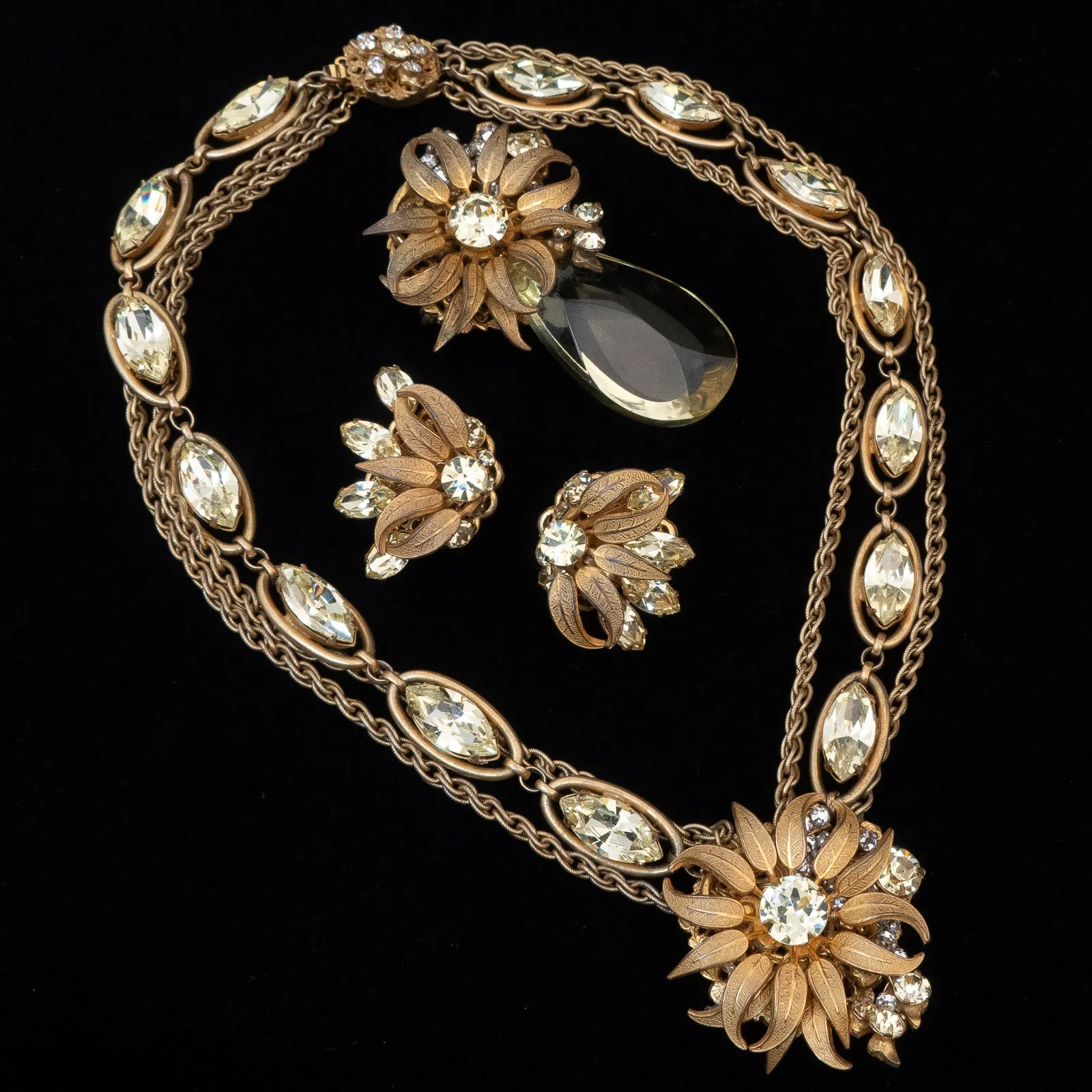 Miriam Haskell Yellow Rhinestone Flower Brooch