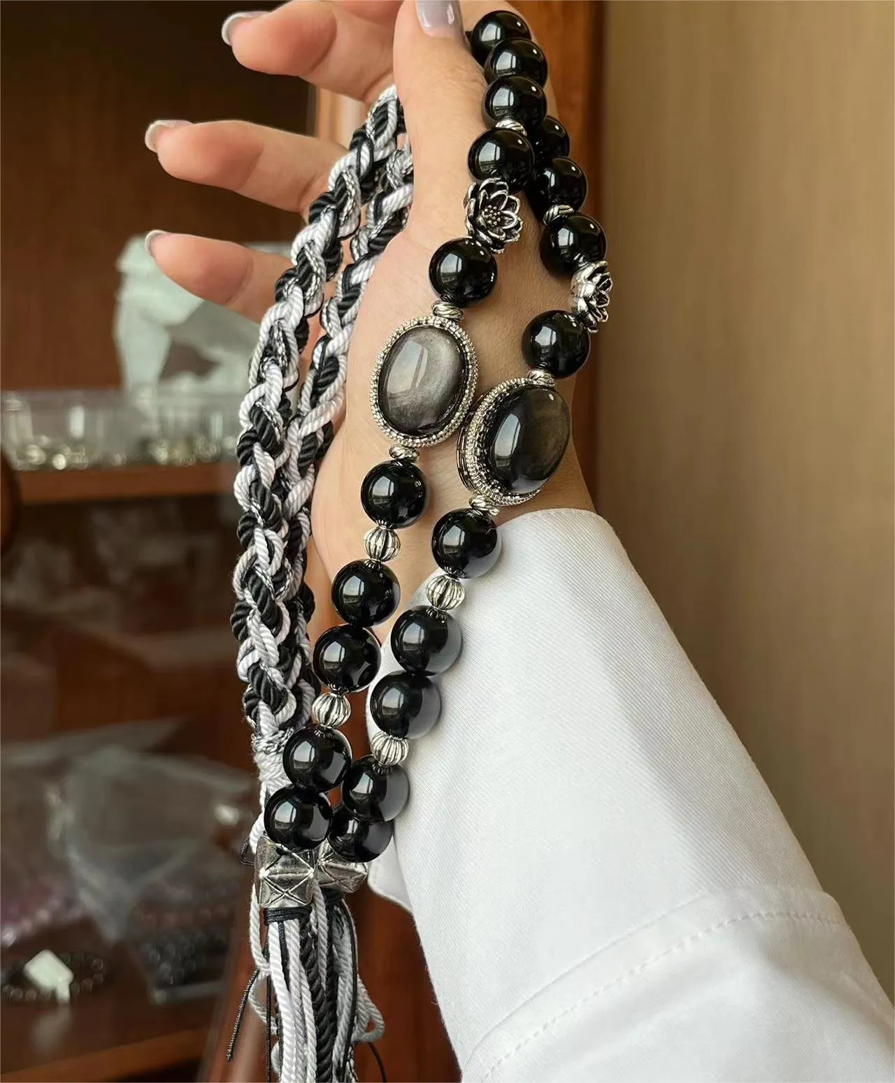 Monochrome Woven Silver Obsidian Bracelet