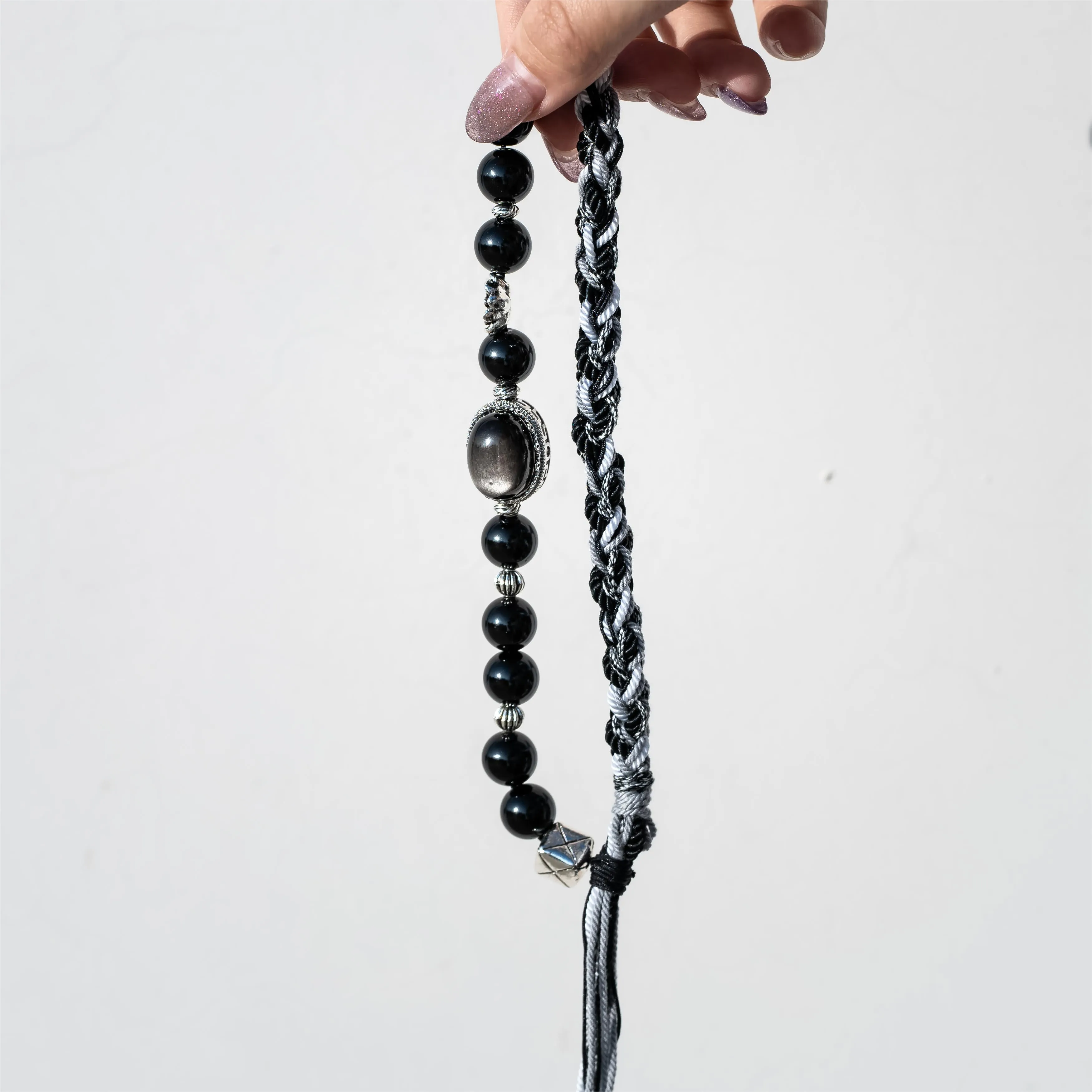 Monochrome Woven Silver Obsidian Bracelet