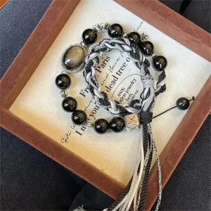 Monochrome Woven Silver Obsidian Bracelet