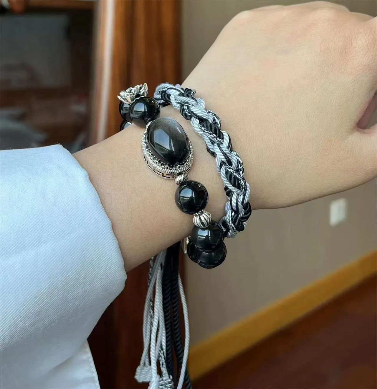 Monochrome Woven Silver Obsidian Bracelet