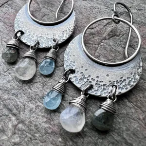 Moss Aquamarine, Moonstone, and Blue Aquamarine Sterling Silver Earrings