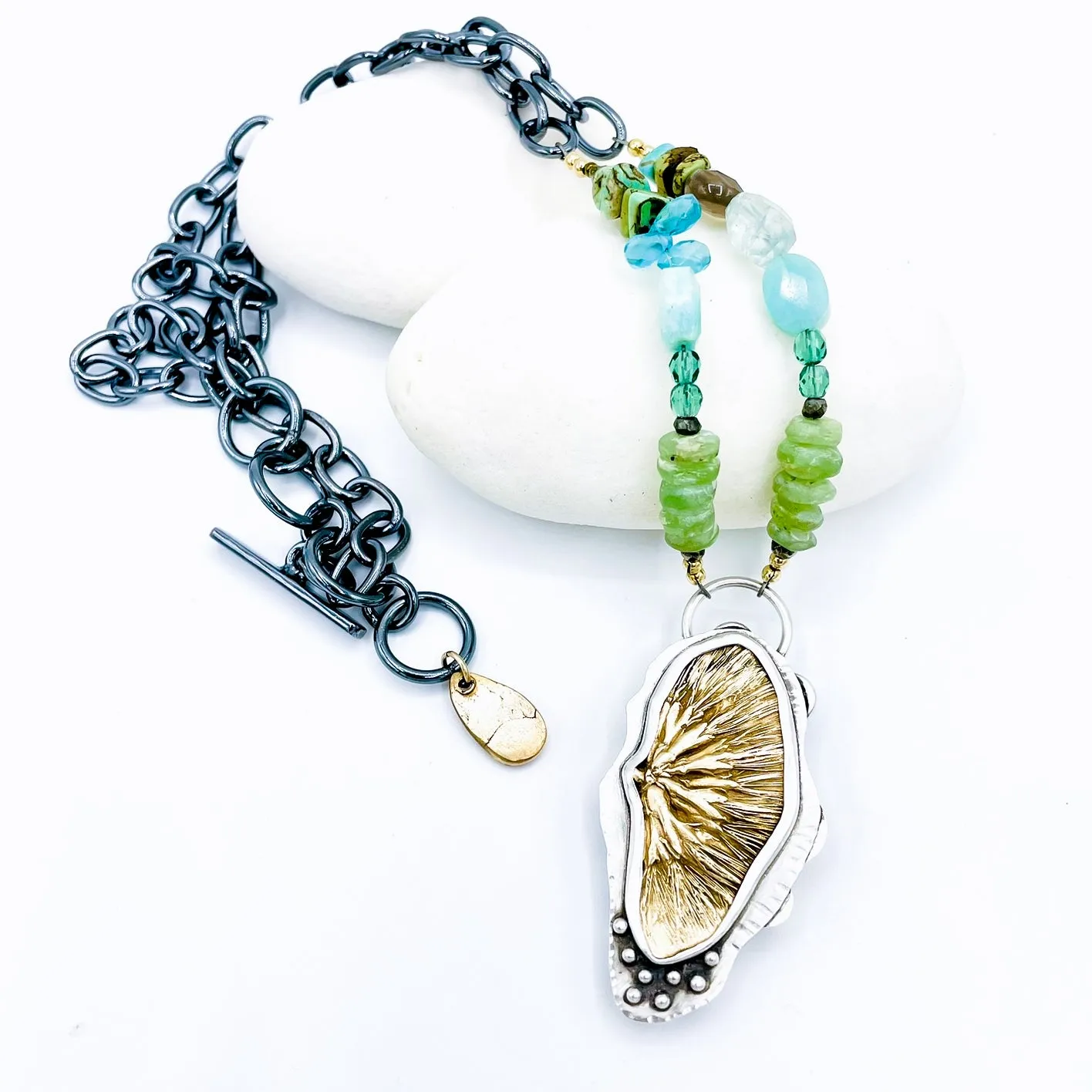 Sterling silver reversible Bronze Mimosa/seaglass necklace