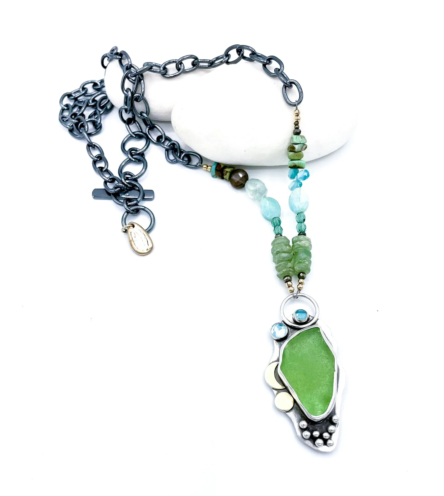 Sterling silver reversible Bronze Mimosa/seaglass necklace