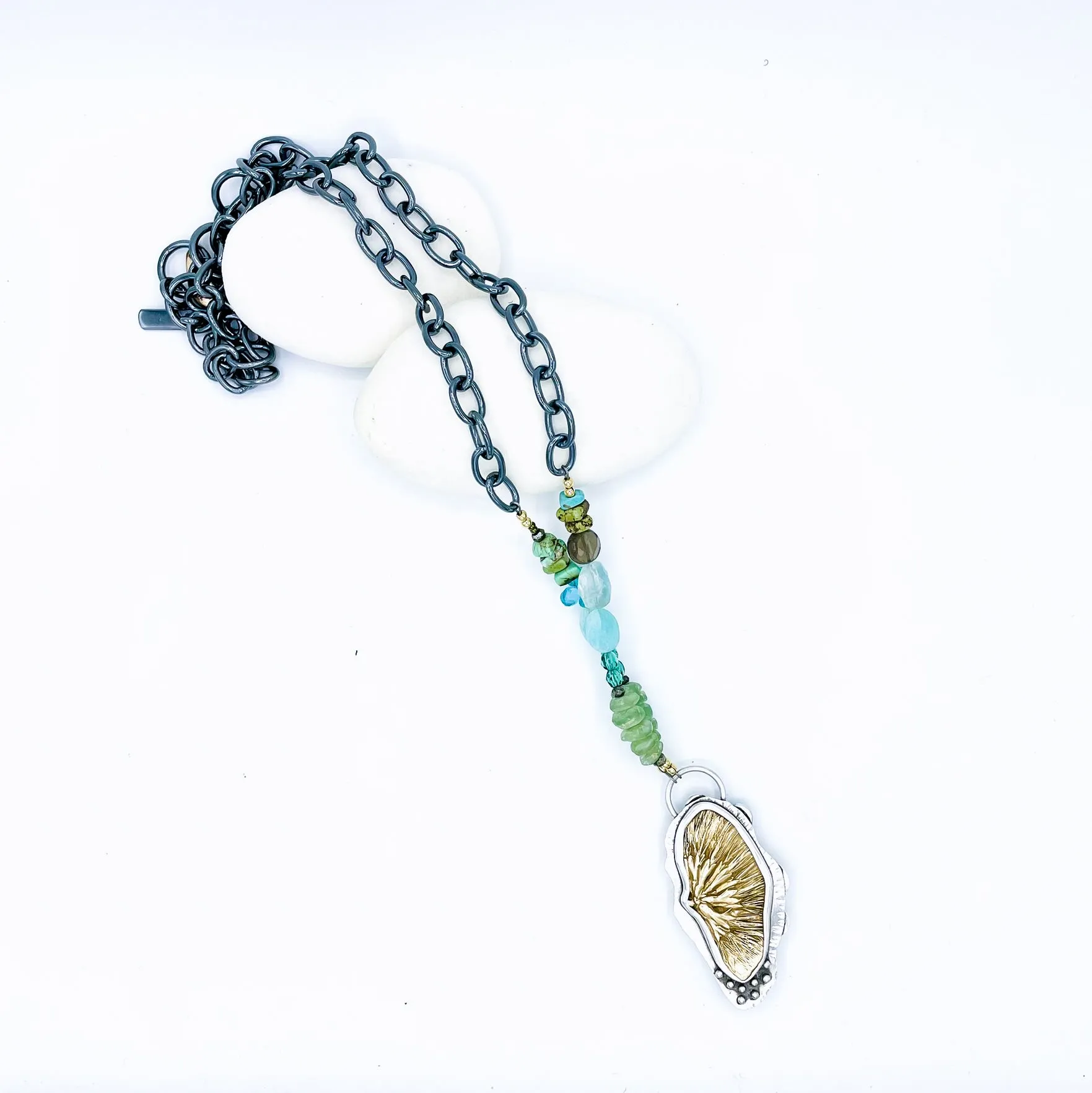 Sterling silver reversible Bronze Mimosa/seaglass necklace