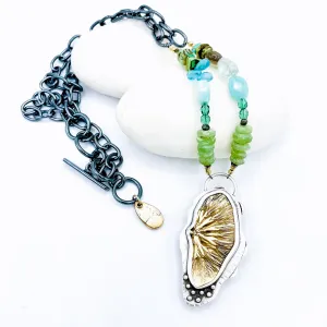 Sterling silver reversible Bronze Mimosa/seaglass necklace